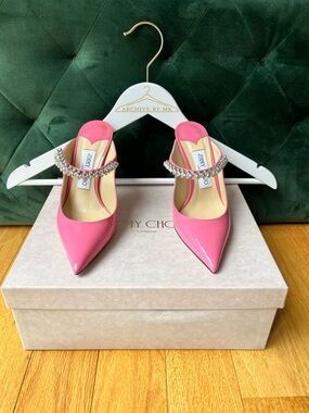 Jimmy Choo Bing 100 Crystal Strap Patent Mules Candy Pink 36.5